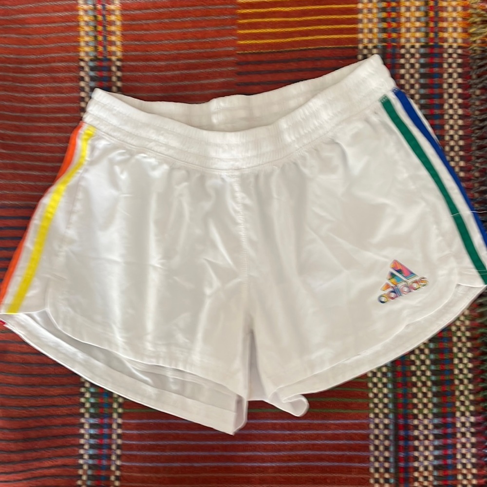 Limited edition once-worn Adidas rainbow racer stripe shorts. Size medium
